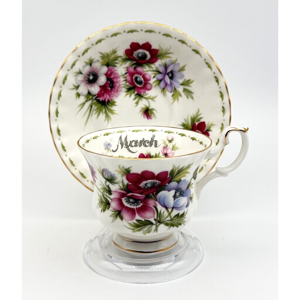 Royal Albert China Flower Of The Month Teacup & Saucer March Anemones Vtg 1970